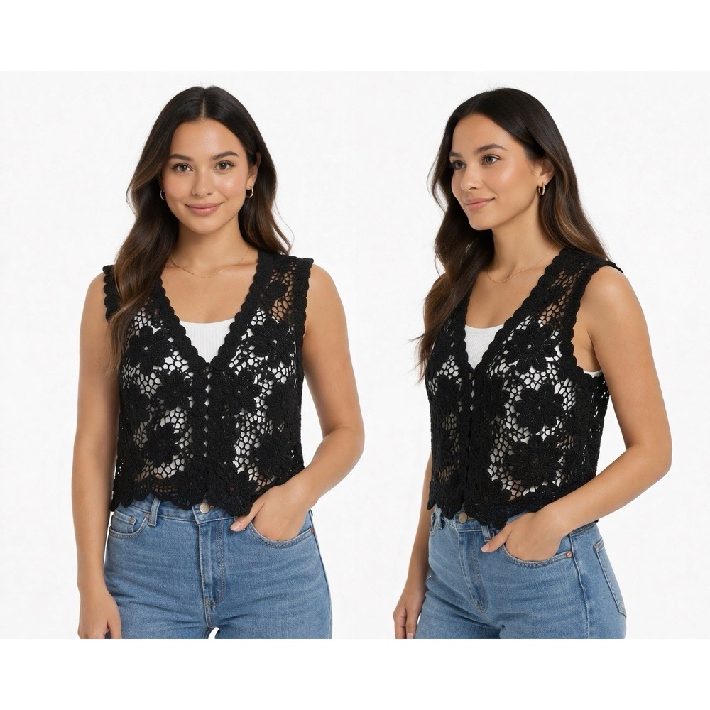 Questions Lace Vest Womens XL Black Crochet Open Front Floral Boho Sheer